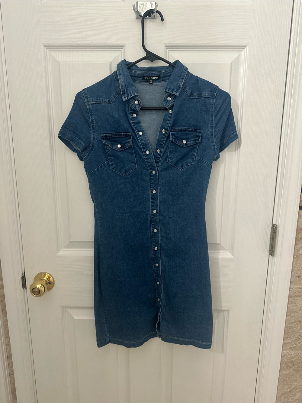 Fashion Nova Denim Shirt Mini Dress in Dark Blue